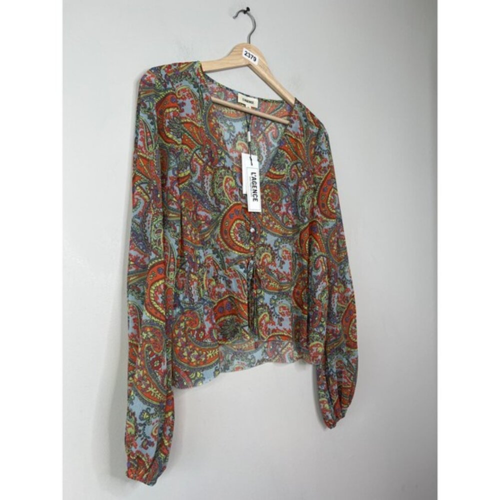 NWT L'agence Pixie Bohemian Long Sleeve Paisley Print Crepe De Chine Blouse Red - Picture 3 of 8